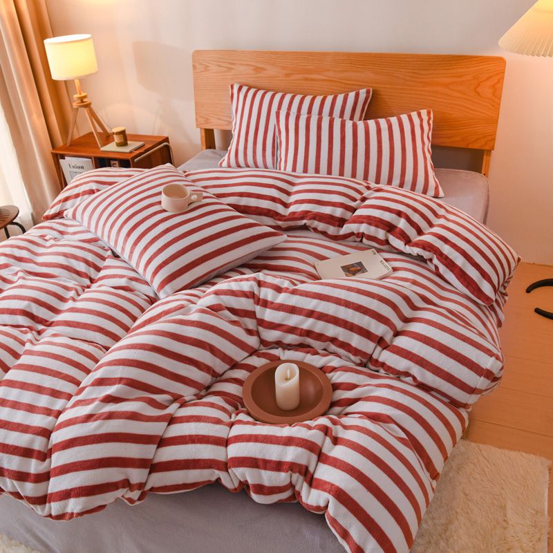 北歐風法蘭絨床包組 條紋牛奶絨四件組 四件套 床單 單人雙人床包 被單 被套 床罩組 加大床包 加厚床包 冬季保暖床包組