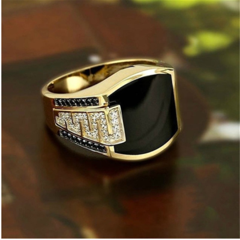 飾品 新款 金色 寬面 鑲 黑鑽 男戒 歐美時尚 嘻哈 滿鑽 戒指