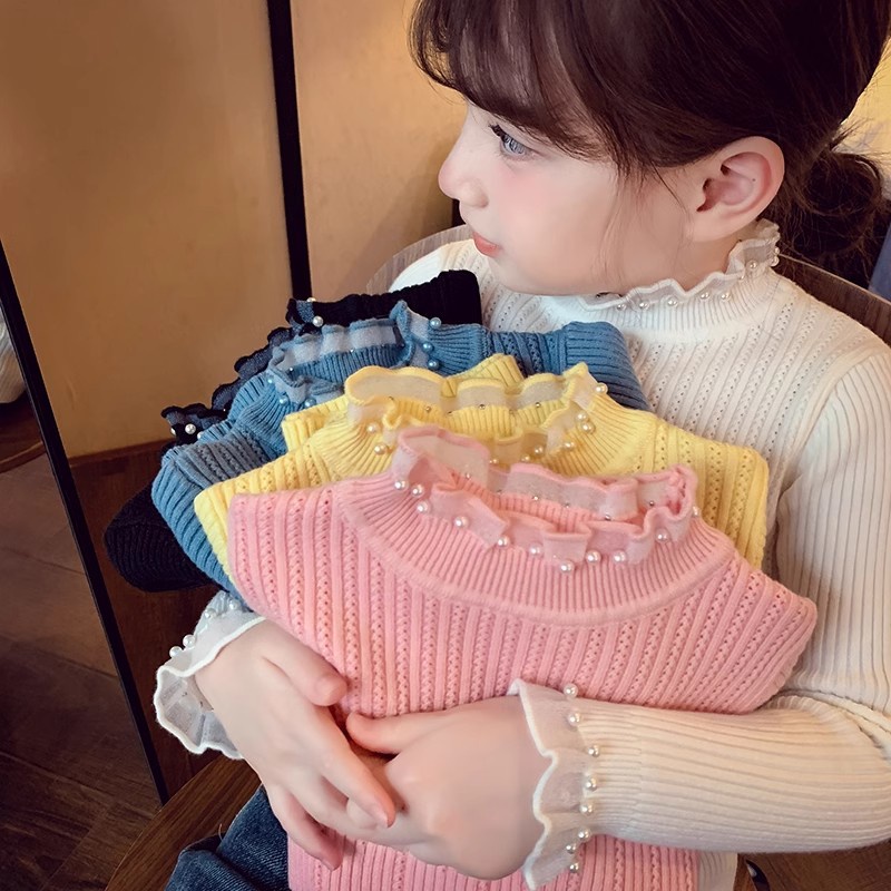 女童毛衣  中高領毛衣  韓版時尚內搭毛衣  兒童蕾絲花邊針織衫  打底衫  寶寶洋氣上衣
