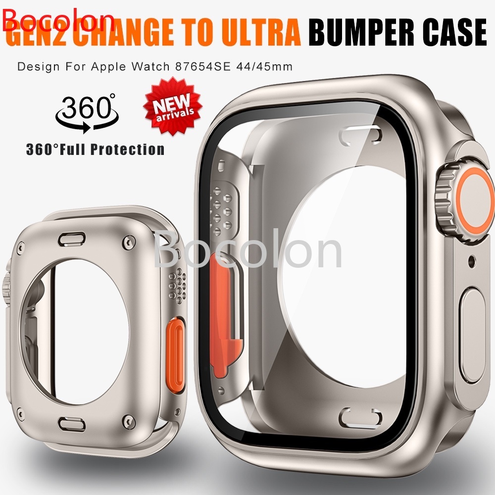 適用於Apple Watch S9 8 7 6 5 SE秒變Ultra全包保護殼 蘋果手錶殼PC+鋼化玻璃膜帶下蓋一體殼