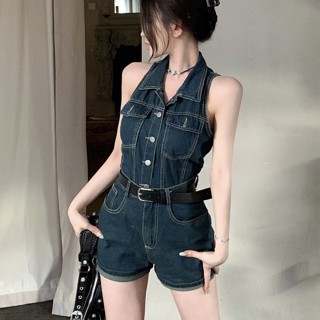 2024新款復古翻領掛脖牛仔套裝女緊身顯瘦無袖上衣高腰短褲兩件套