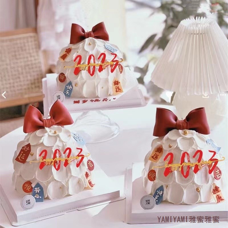 ❤️上新可批發 ❤️ 2023新年蛋糕裝飾插件兔年春節跨年新年快樂紅色蝴蝶結插件插牌