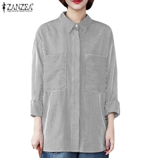 Zanzea 女式韓版露肩長袖側開叉弧形下擺條紋襯衫