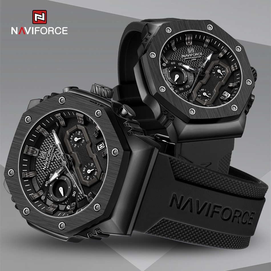 Naviforce 8035 情侶手錶矽膠錶帶運動石英手錶時尚計時碼表防水夜光日期時鐘男女