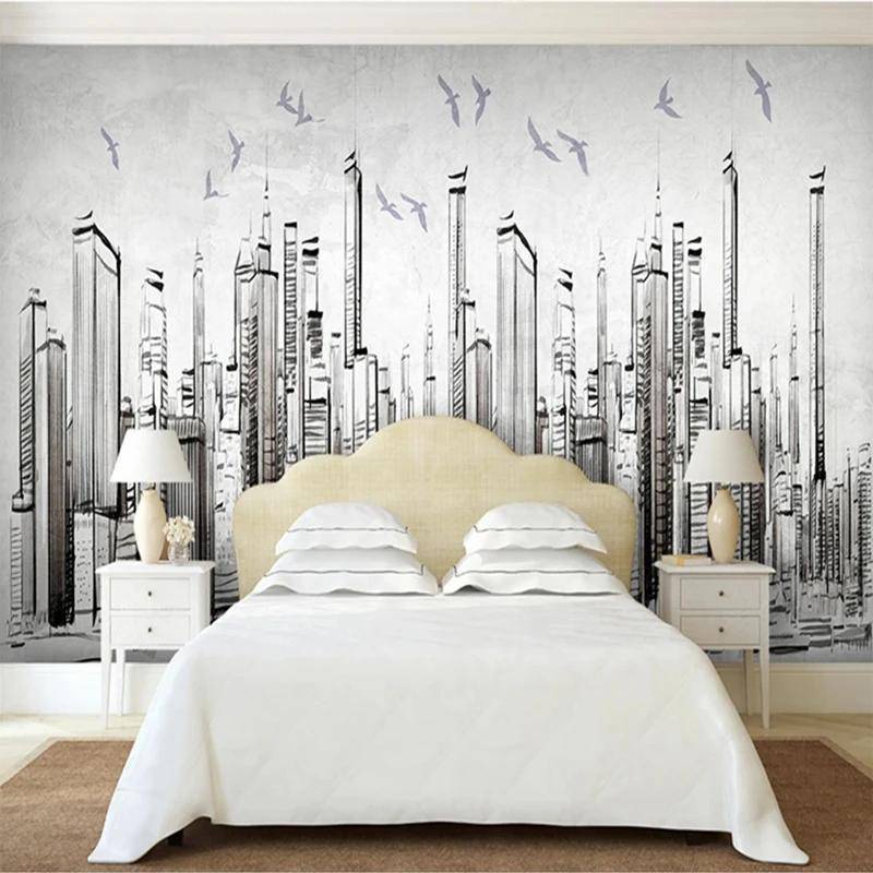 定制3d壁紙手繪城市建築風景黑白照片壁畫客廳背景牆裝飾