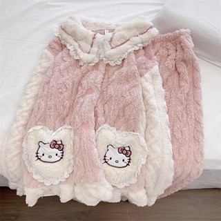 Fds Hello Kitty睡衣女冬季珊瑚絨抓絨襯裡加厚學生Ins甜美少女可愛公主風家居服