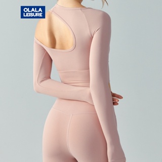 OLALA 秋緊身短版半固定水滴杯休閒運動瑜伽服長袖運動上衣長袖健身服女