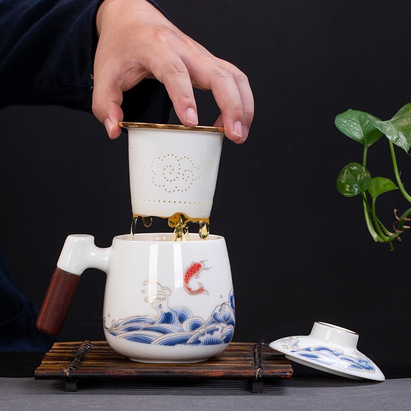 羊脂玉茶杯 茶水分離泡茶杯 陶瓷辦公家用送禮大容量個人杯帶蓋過濾  茶水分离杯 泡茶杯 同心杯 办公室茶杯 陶瓷泡茶杯