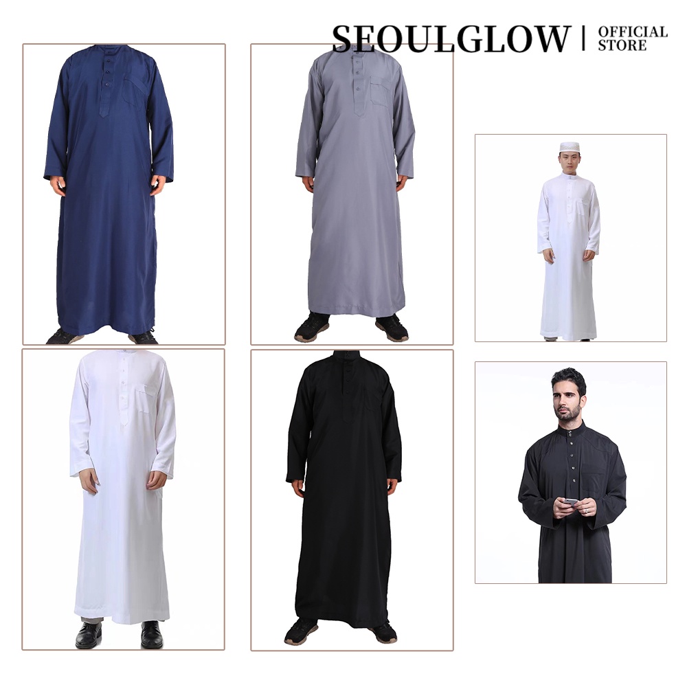 4 色男士穆斯林長袖襯衫伊斯蘭崇拜服裝阿拉伯圓領長袍首爾發光