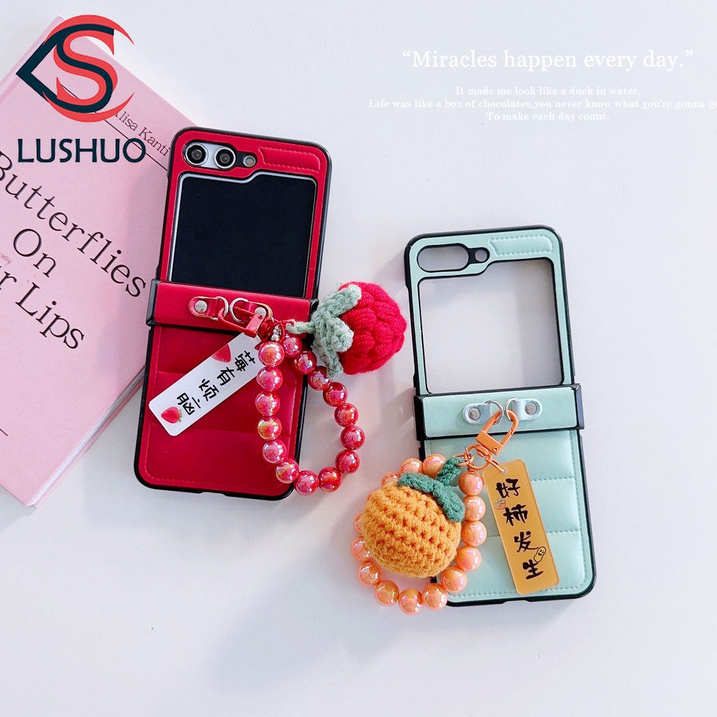 SAMSUNG Lushuo 手機殼適用於三星 Galaxy Z Flip 5 4 3 奢華簡約羽絨服便攜式編織草莓柿子