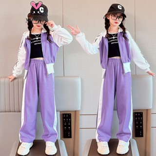 【YAOEENH】120-170CM 女童時尚運動休閒套裝 中大童拼色連帽拉鍊小外套直筒寬褲兩件套 現貨 快速出貨