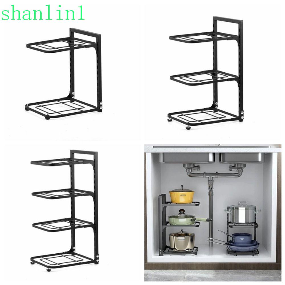 SHANLIN1廚房置物架,可調式機櫃多層鍋架收納盒,高度可調黑色2/3/4層分層轉角壁櫥收納盒