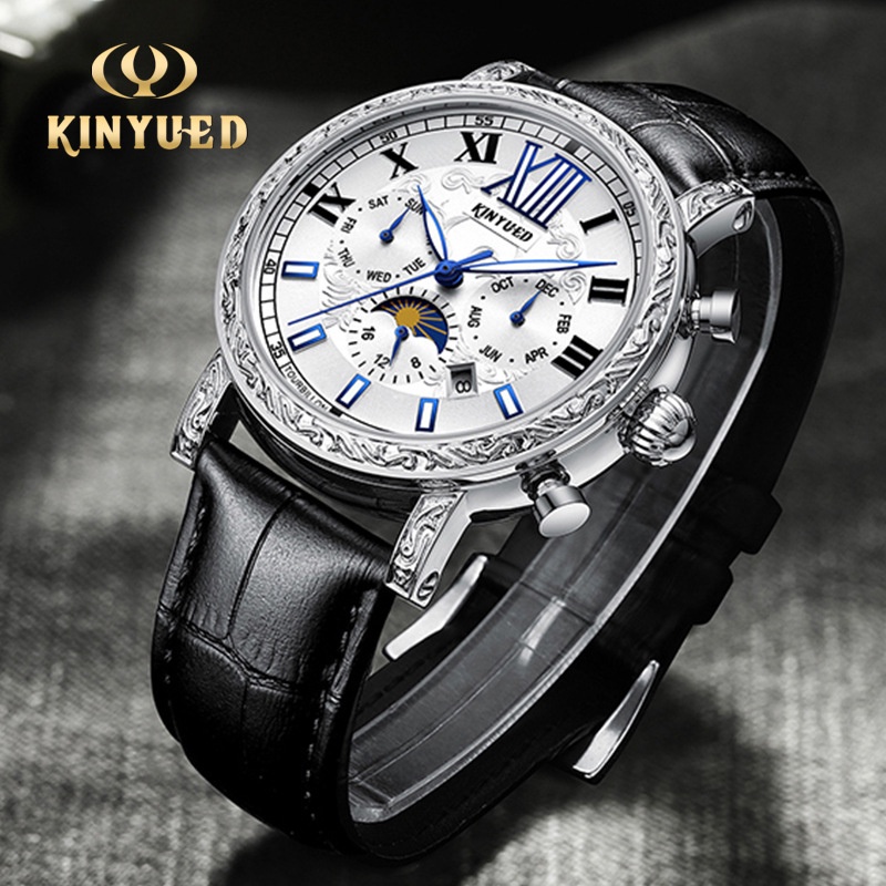 KINYUED品牌手錶 J094 鏤空陀飛輪 全自動機械錶 夜光 月相 日曆 防水 高級男士手錶