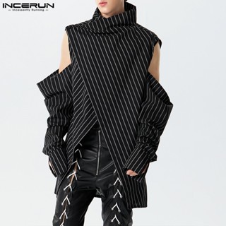 Incerun 男士復古勺不規則交叉設計條紋長袖襯衫