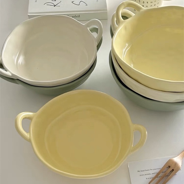 北歐風雙耳碗麵碗湯碗微波爐空氣炸鍋烤碗沙拉碗創意傢用陶瓷餐具
