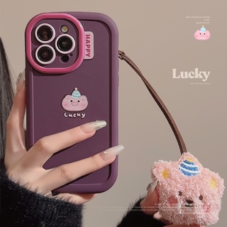 三維粉色蓬鬆熊手機掛繩可愛豬深紫色手機殼保護套適用於 Iphone 7 8 PLUS X XR XS 11 12 13