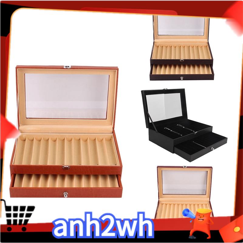 【新貨】24 槽木製筆展示收納盒豪華 2 層 PU 筆盒鋼筆收藏首飾收納盒