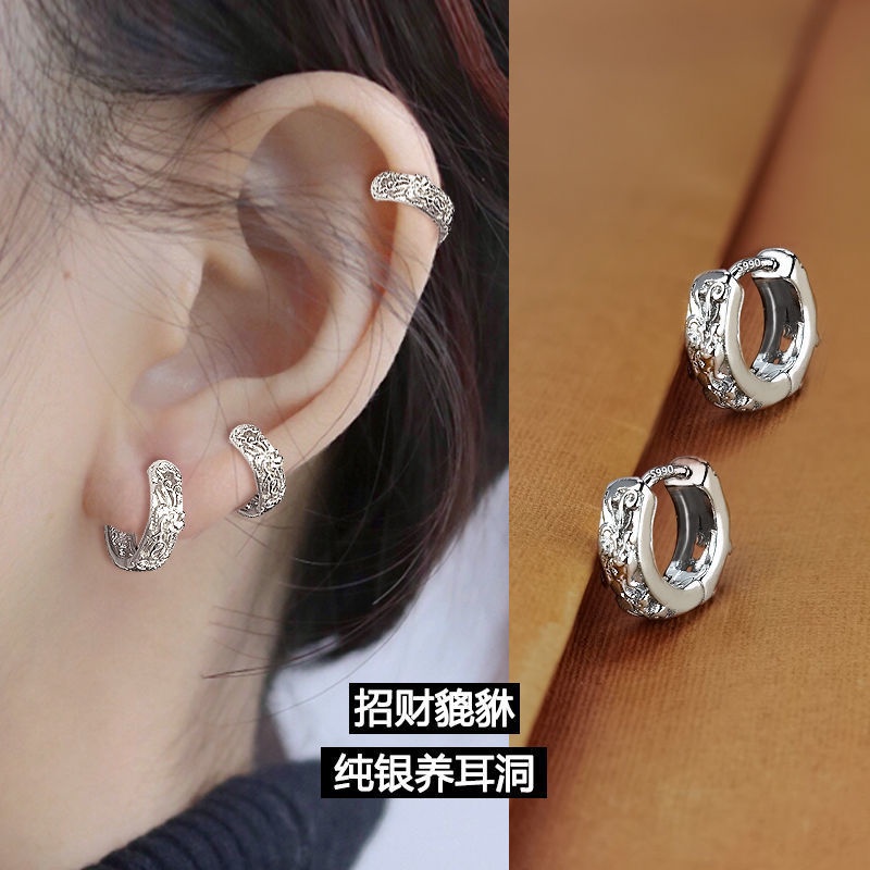 適合過年貔貅耳環新款99純銀養耳洞獨特小耳骨環耳圈耳扣