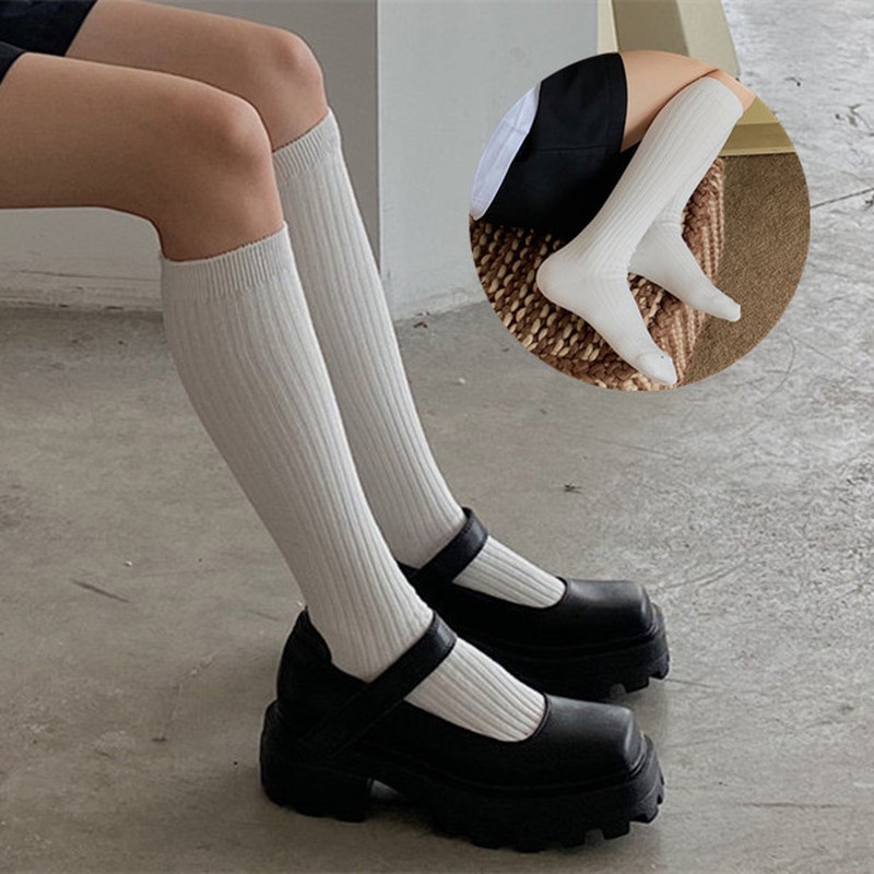 針織棉長襪女絲襪秋冬保暖大腿高筒襪女士女孩時尚純色過膝襪女