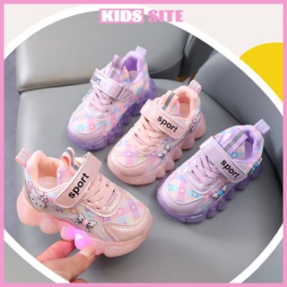 新款女童鞋 LED 燈春季網眼透氣女童運動 hello kitty 貓粉色紫色鞋運動鞋