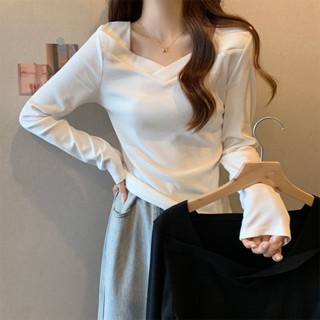 【WJZ】女裝時尚加絨長袖上衣 素色V領長袖德絨上衣 德絨長袖打底上衣【6911】