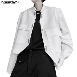 Incerun 男士韓版時尚蝴蝶鈕扣設計長袖休閒西裝外套
