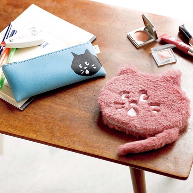 日本 附錄雜誌款 ne net驚訝貓筆袋 毛絨可愛收納包2件套