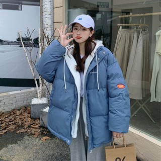 【🍒櫻桃大尺碼】大尺碼假兩件羽絨棉服女短款冬天外套連帽大碼寬鬆棉襖麵包服