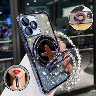Realme C53 C51 C63 C61 外殼,NOTE 50 新設計鏡面磁性支架支架透明防震外殼手鍊薄透明軟手機殼