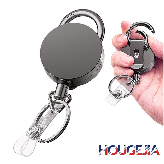 Houg 鋼絲繩野營鑰匙扣伸縮防盜鑰匙扣戶外自動鑰匙圈帶皮帶夾可伸縮卷