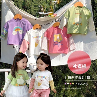 🌈Smile Kids🌈女童長袖 台灣出貨 新款中小童女寶寶T恤假兩件好看2季新款嬰兒長袖T恤小童打底上衣