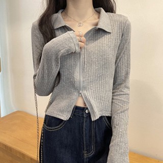 M-2XL 雙拉鏈上衣 長袖t恤女 短版上衣 韓系服飾 設計感春秋季韓版修身高腰短款開衫