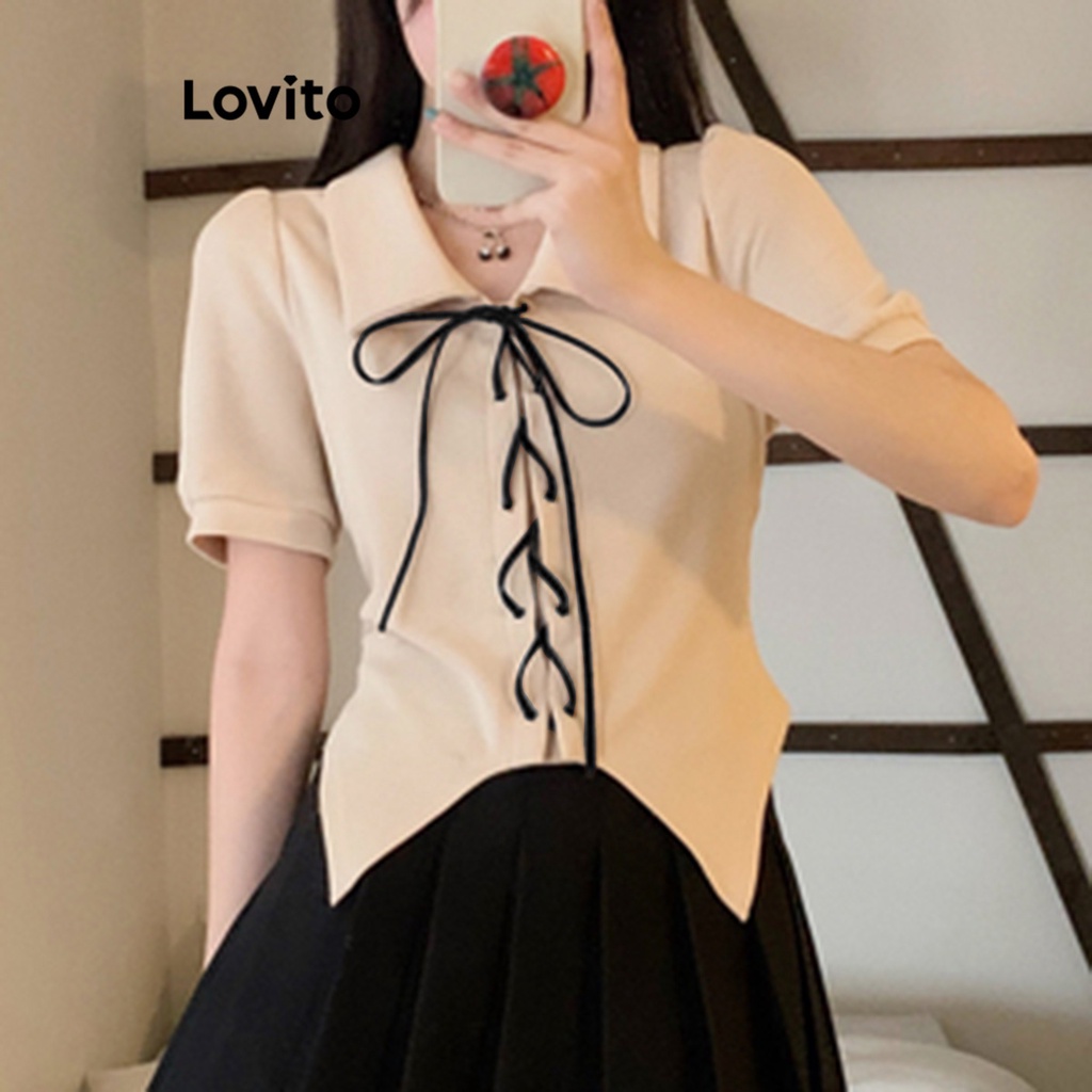 Lovito 女士休閒素色繫帶正面襯衫 LNE21104 (杏色)