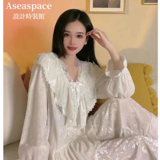 aseaspace·春秋冬季鑽石金絲絨加大尺碼睡衣居家服兩件套女洋秋冬季高階奢華感大尺碼蕾絲花邊長袖家居服套服