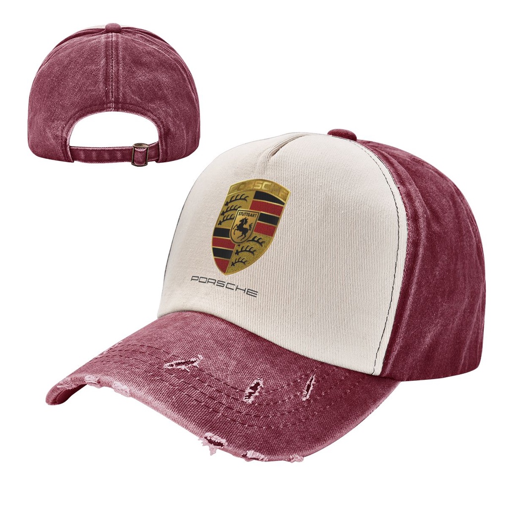 新款 Porsche logo 牛仔撞色水洗帽 成人牛仔帽子老帽  100%棉彎簷遮陽帽 可調整男女網紅同款鴨舌帽 簡約