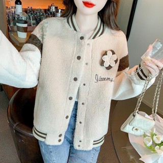 復古拼接仿羊羔絨外套女2024秋冬新款炸街高階感加厚棒球服上衣|小香風外套|毛呢外套|冬季外套