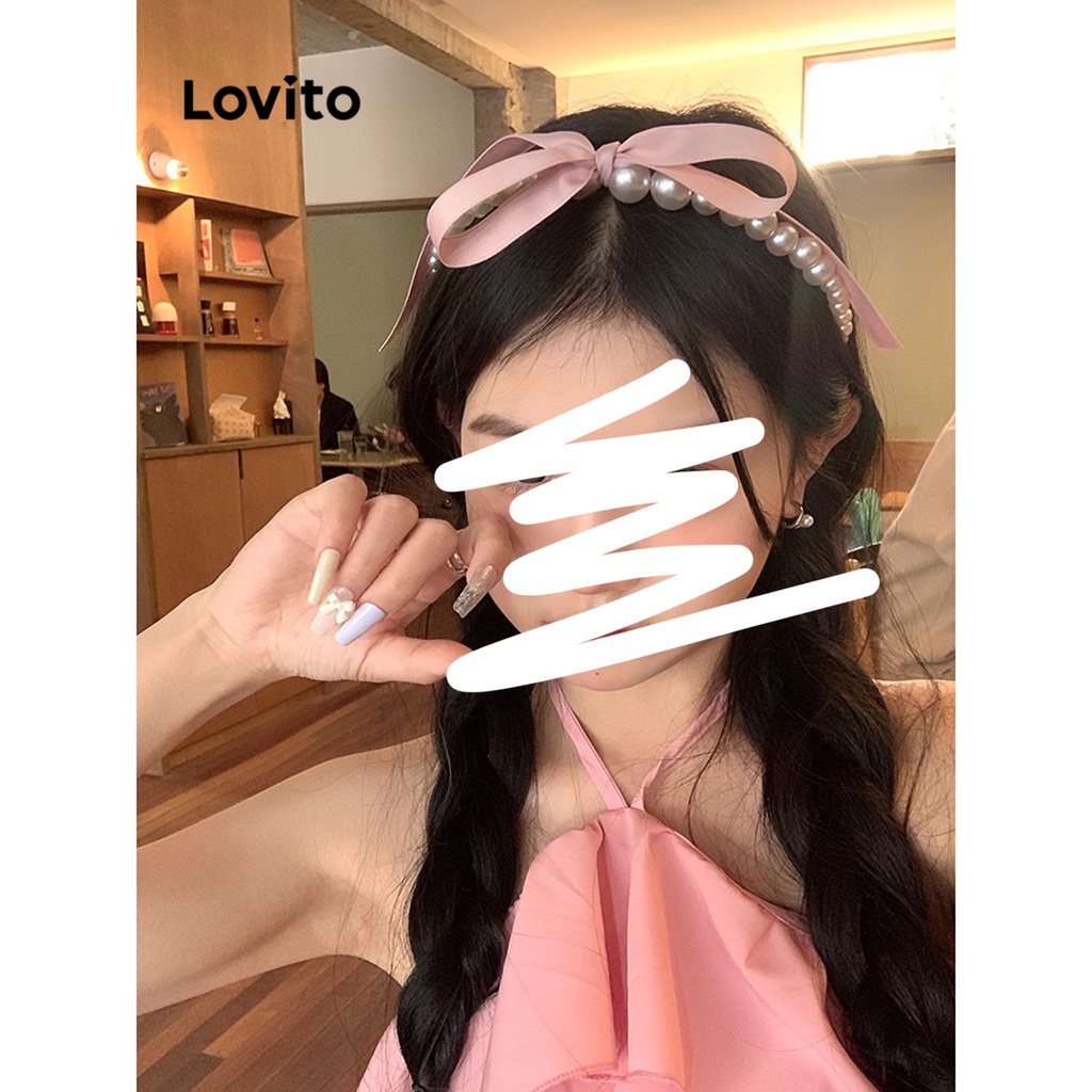 Lovito 女式可愛素色蝴蝶結珍珠髮帶 LFA08680 (粉色/藍色)