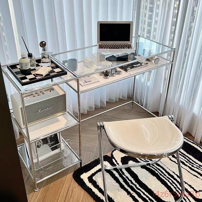 【限時免運】簡約現代書桌不銹鋼北歐創意辦公書房玻璃梳妝寫字臺電腦臥室桌子i4z6r5ma3p