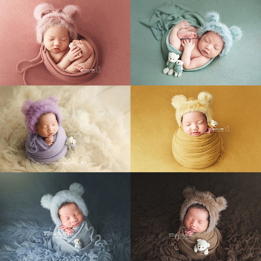 新款新生兒包巾攝影道具滿月兔毛帽小熊玩偶裹布兒童攝影套裝 拍照道具 寶寶拍照背景布 嬰兒拍照背景 寫真道具 造型服裝