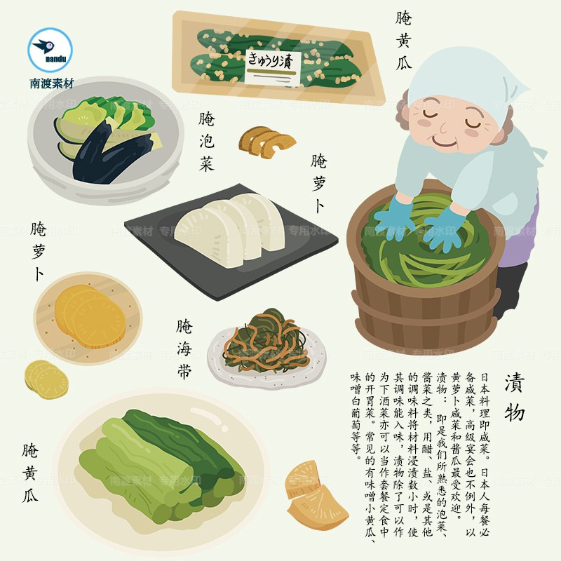 [手繪風格]日式醃製泡菜涼菜漬菜蘿蔔黃瓜手繪插畫AI矢量平面廣告設計素材圖