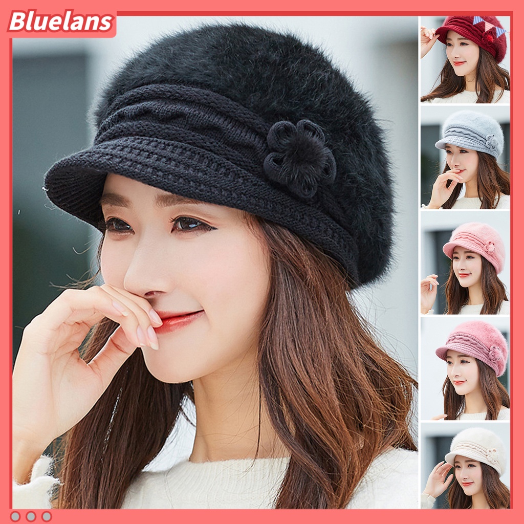 [BLS] 短邊花朵裝飾護耳女帽冬季加厚人造兔毛針織貝雷帽時尚配飾