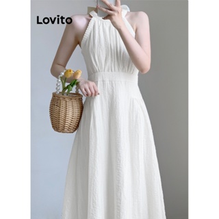 Lovito 女士休閒素色提花荷葉邊領褶皺洋裝 L77ED140