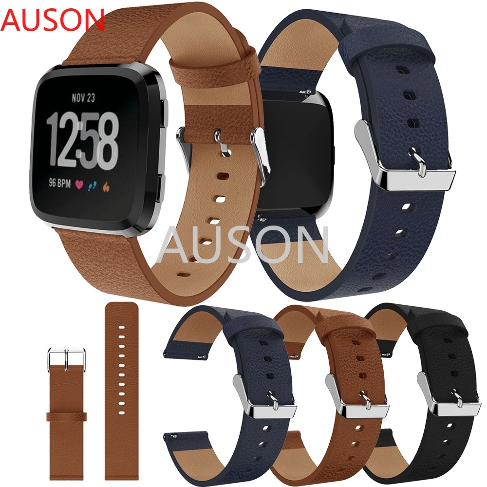 AUSON 適用於Fitbit Versa 真皮錶帶 荔枝紋真皮手錶帶 單圈真皮腕帶