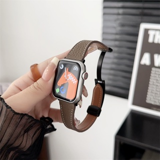 適用於apple Watch荔枝紋小腰磁性折疊扣錶帶iwatch真皮腕帶簡約38mm 40mm 41mm 42mm 44