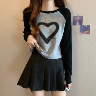 M-2XL 大尺碼 秋冬時尚新款甜美愛心長袖t恤上衣胖mm大碼女裝拼色插肩顯瘦體恤
