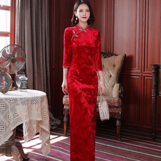 絲絨旗袍新款長袖中式傳統長款紅色女士日常晚宴婚紗