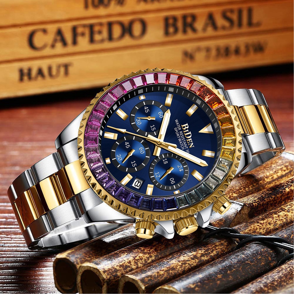 BIDEN手錶 男士多功能三眼六針石英腕錶 防水手錶男生 商務不鏽鋼男士手錶