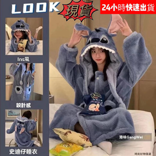 [現款熱賣]新款女卡通可愛秋冬季加絨保暖連帽浴袍睡袍卡皮巴拉珊瑚絨居家服 史迪仔睡衣女冬季睡袍加厚冬天學生可愛浴袍韓版