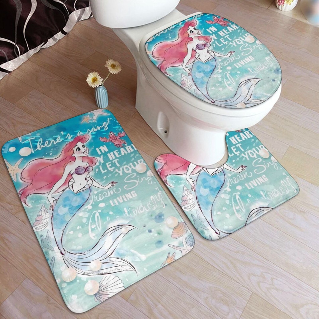 迪士尼公主愛麗兒浴室地毯 3 件套防滑軟浴馬桶地墊淋浴浴室家居裝飾區地毯
