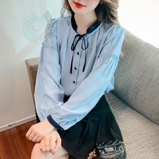 藍色襯衫女系帶長袖襯衫女襯衫長袖氣質襯衫韓版襯衫長袖襯衫女大尺碼襯衫法式襯衫韓版長袖上衣寬鬆長袖上衣